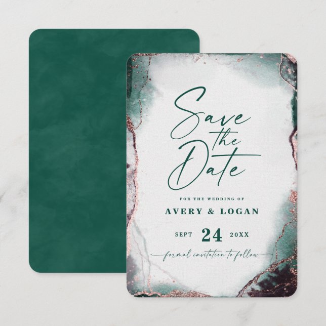 Abstrakt Ethereal Watercolor Emerald Wedding Save The Date (Vorne/Hinten)