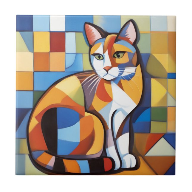 Abstrakt Feline Beauty Calico Cat Kubist Fliese (Vorderseite)