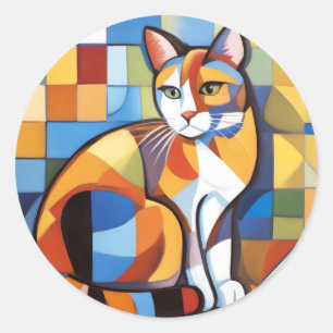 Abstrakt Feline Beauty Calico Cat Kubist Runder Aufkleber