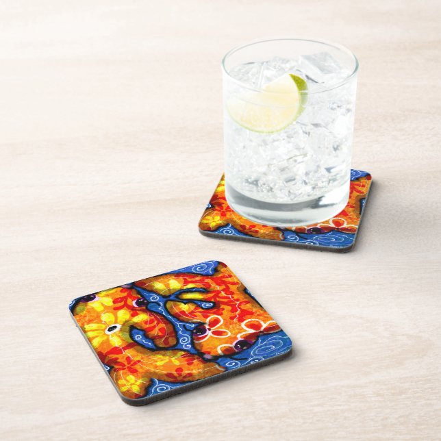 Abstrakt Floral Koi Fisch Orange Yellow Red Blue Getränkeuntersetzer (Rechte Seite)