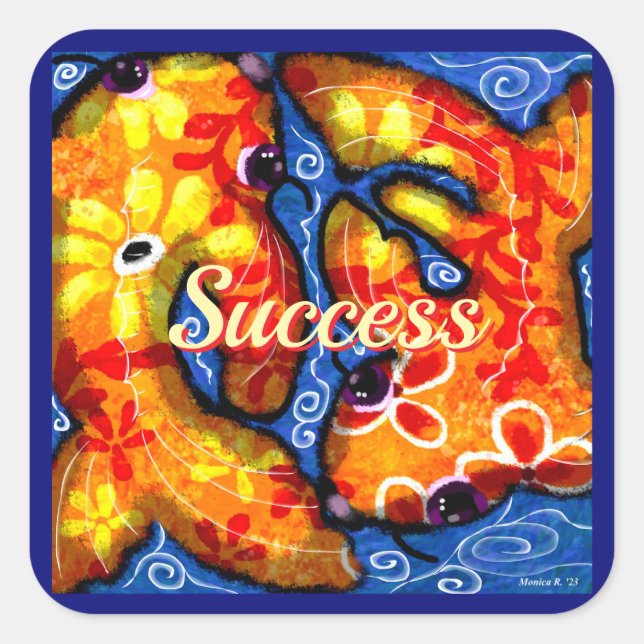 Abstrakt Floral Koi Fisch Orange Yellow Red Blue Quadratischer Aufkleber (Vorderseite)