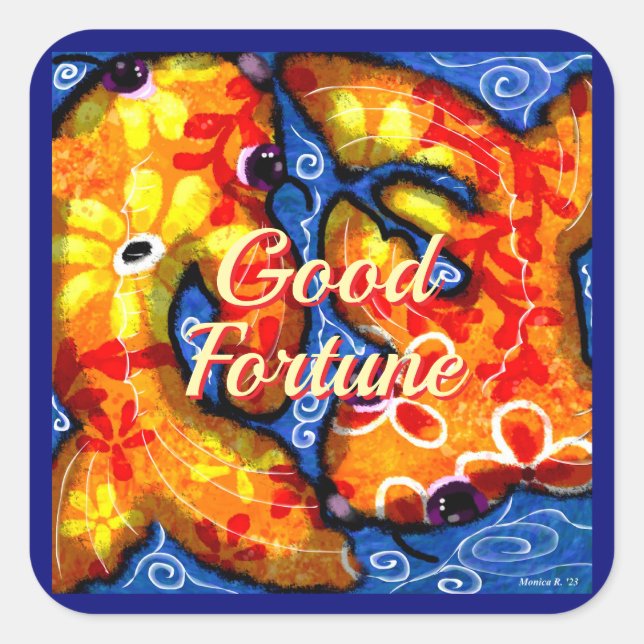 Abstrakt Floral Koi Fisch Orange Yellow Red Blue Quadratischer Aufkleber (Vorderseite)