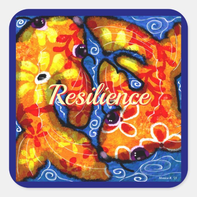 Abstrakt Floral Koi Fisch Orange Yellow Red Blue Quadratischer Aufkleber (Vorderseite)