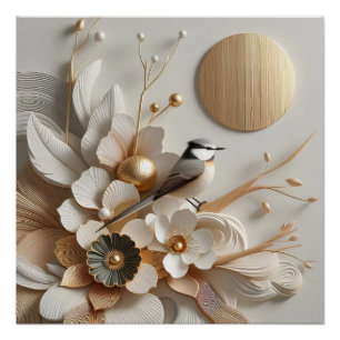 Abstrakt Florals & Bird mit Sonne: Gold, Weiß Poster