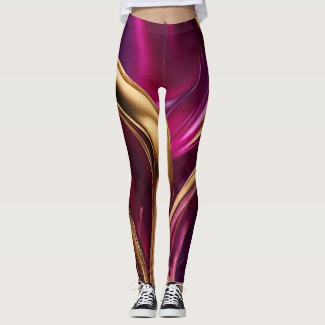 Abstrakt-Flow Art-Fuchsia Lila und Gold- Leggings (Vorderseite)