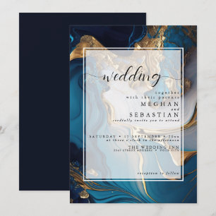Abstrakt flüssiges Gold auf blauem Marmor Einladung