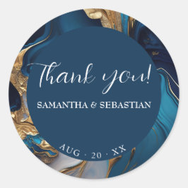 Abstrakt flüssiges Gold auf blauem Marmor Runder Aufkleber