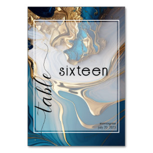 Abstrakt flüssiges Gold auf blauem Marmor Tischnummer