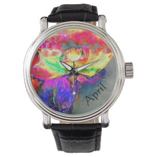 Abstrakt-gelb-rosa Aquarellmalerei Armbanduhr
