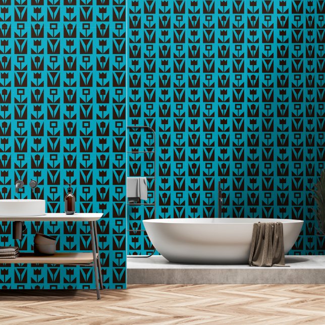 Abstrakt Geometric Blue Floral Wallpaper Tapete (Badezimmer)