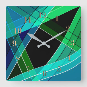 Abstrakt, geometrisch , grün , blau , schwarz quadratische wanduhr