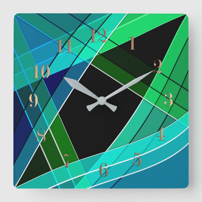 Abstrakt, geometrisch , grün , blau , schwarz quadratische wanduhr (Vorderseite)