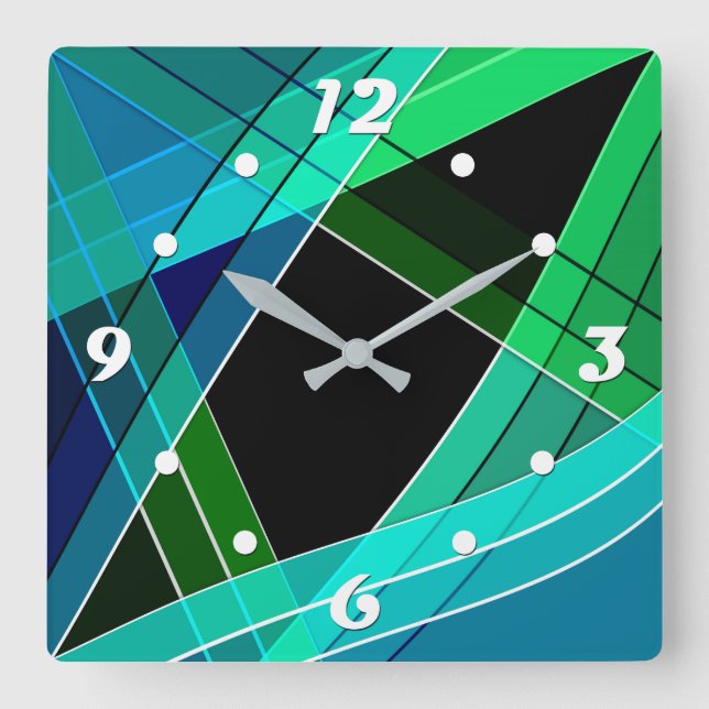Abstrakt, geometrisch , grün , blau , schwarz quadratische wanduhr (Vorderseite)