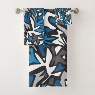 abstrakt, geometrisch, Muster, Schwarz und Blau Badhandtuch Set