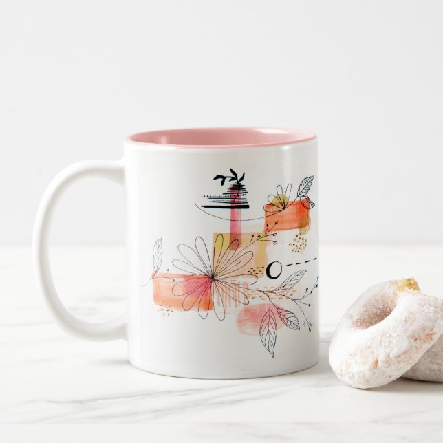 Abstrakt geometrisch rosa Orange Black Zweifarbige Tasse (Mit Donut)
