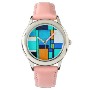 Abstrakt geometrische, moderne Blauorange Armbanduhr