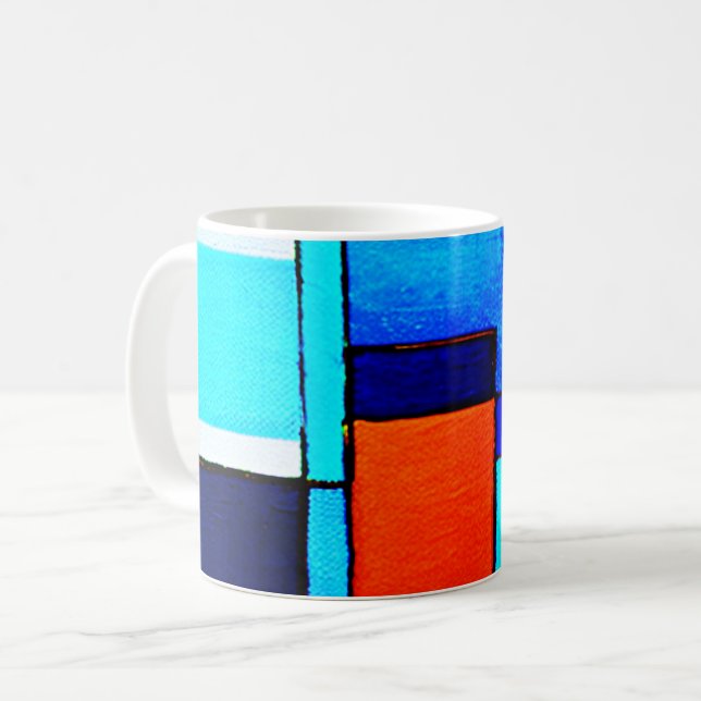 Abstrakt geometrische, moderne Blauorange Kaffeetasse (Vorderseite Links)