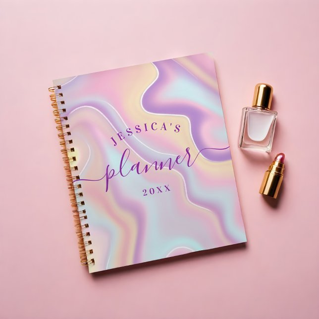 Abstrakt Girl Pink Yellow Iridescent Holographic Planer (Abstract Girly Purple Pink Iridescent Holographic Planner)