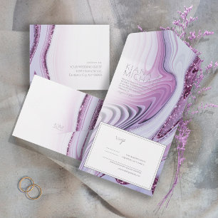 Abstrakt Glitter Strata Hochzeit Lilac/Weiß ID903 All In One Einladung