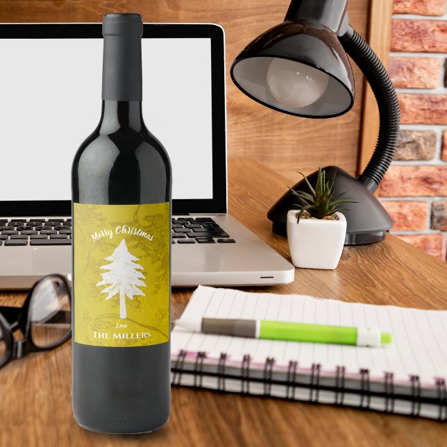 Abstrakt Gold Weißer Weihnachtsbaum Frohe Weihnach Weinetikett (Abstract Gold White Christmas Tree Merry Christmas Wine Label)