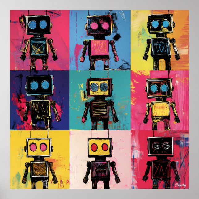 Abstrakt Graffiti Robot Art grid Bold Colors Poster (Vorne)