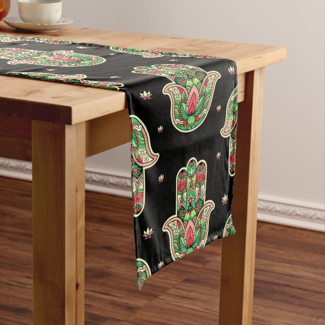 Abstrakt Hamsa Lotus Blume Yoga Themenmuster Großer Tischläufer (Beispiel)