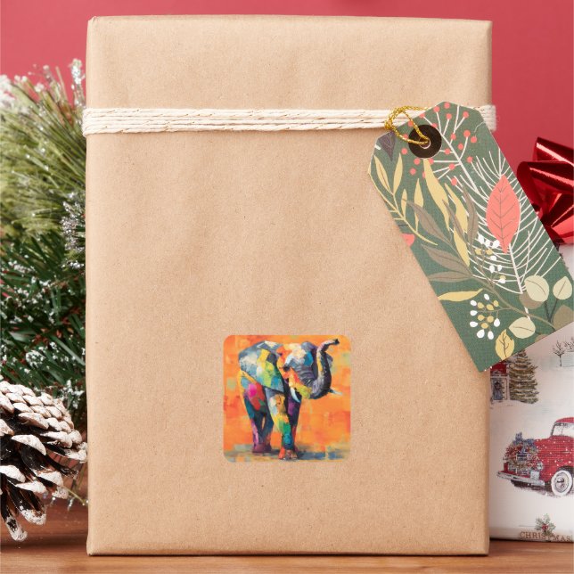 Abstrakt Happy Rainbow Elephant Quadratischer Aufkleber (Feiertag)