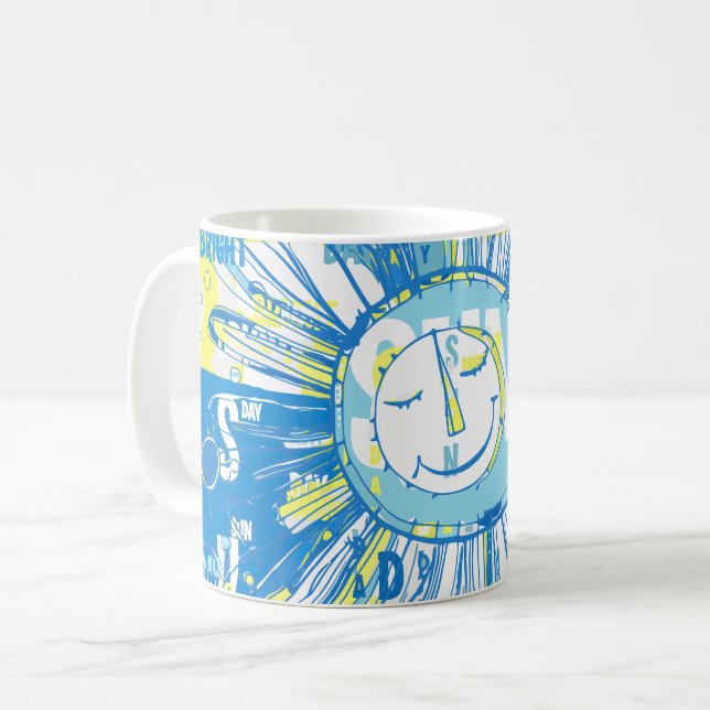 Abstrakt Happy Whimsical Sun Word Art Kaffeetasse (Vorderseite Links)