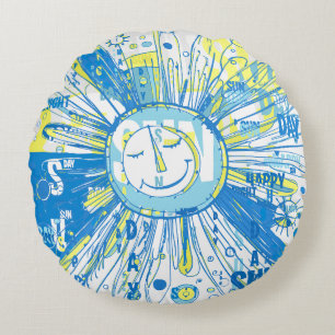 Abstrakt Happy Whimsical Sun Word Art Rundes Kissen