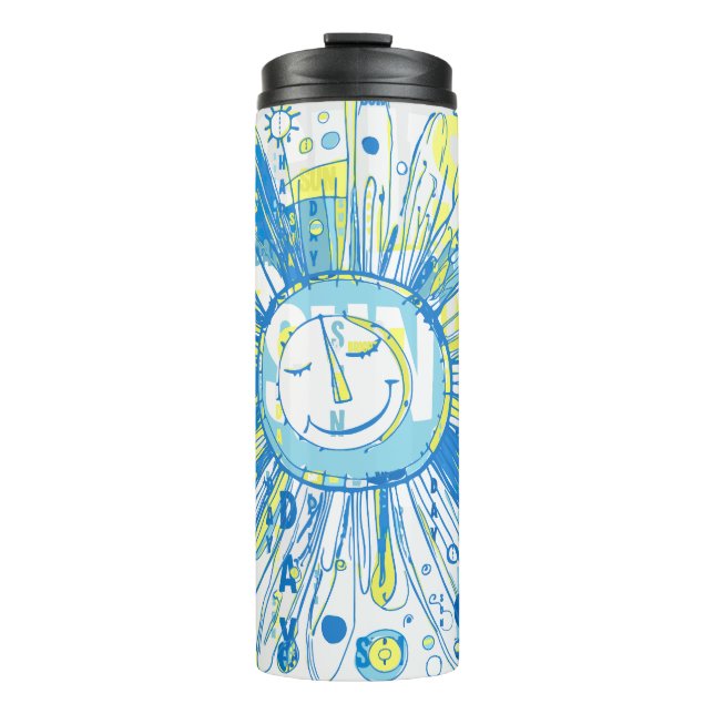 Abstrakt Happy Whimsical Sun Word Art Thermosbecher (Vorderseite)