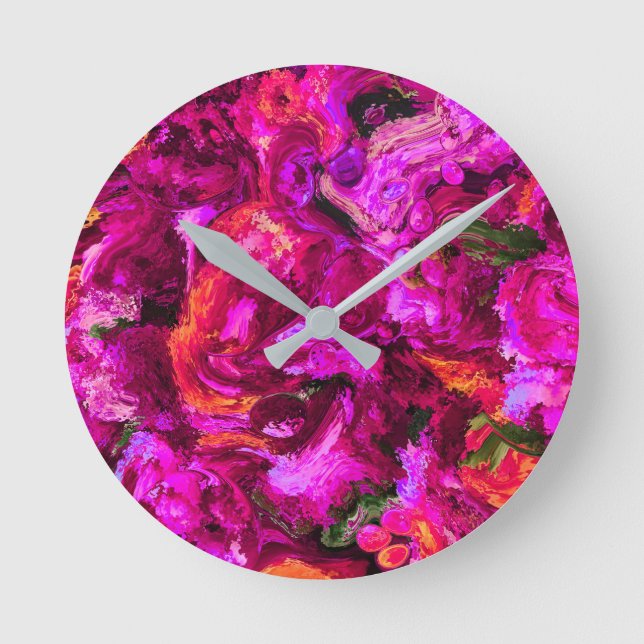 Abstrakt in Purpur, Orangen und Grüntöne Runde Wanduhr (Vorderseite)
