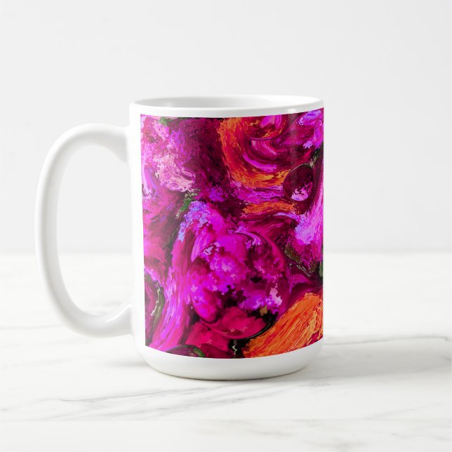 Abstrakt in Purpur, Orangen und Grüntönen Kaffeetasse (Links)