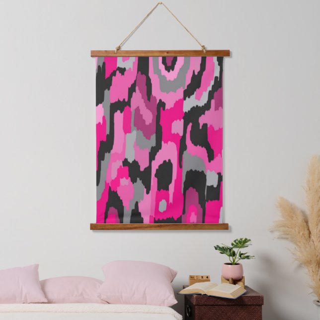 Abstrakt in Rosa und Schwarz Wandteppich Mit Holzrahmen (Schlafzimmer)