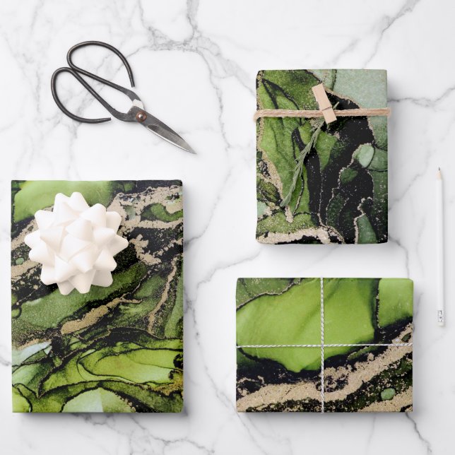 Abstrakt Jade Green Black Gold Alcohol Tinte Geschenkpapier Set (Vorderseite)