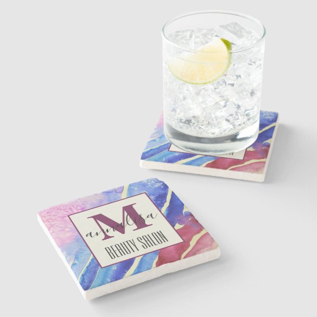 Abstrakt-künstlerisch-blau-pink-Beauty-Salon Monog Steinuntersetzer (Seitenansicht)