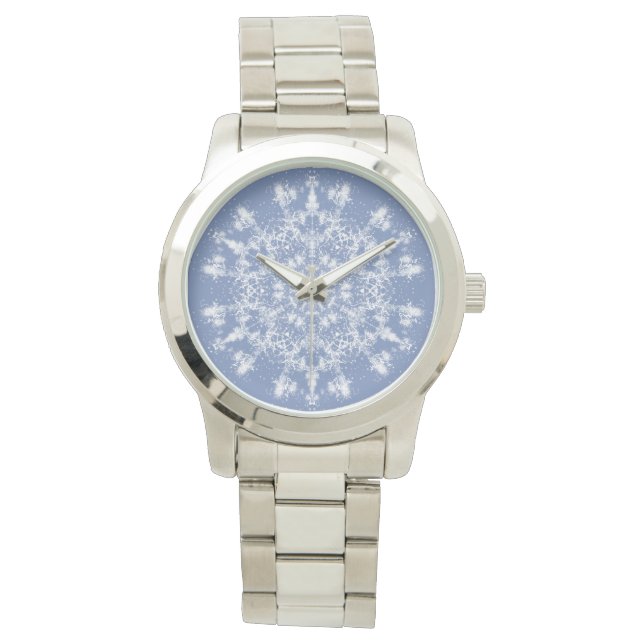 Abstrakt Lacy Fraktal Snowflake auf blauem Hinterg Armbanduhr (Vorderseite)