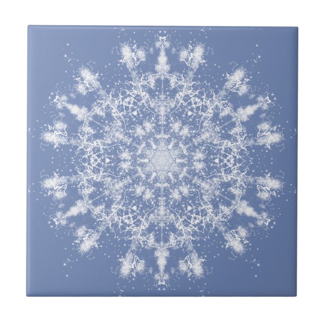 Abstrakt Lacy Fraktal Snowflake auf blauem Hinterg Fliese (Vorderseite)