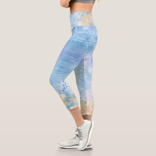 Abstrakt Mixed Media Blue Türkis Yellow Capri Leggings