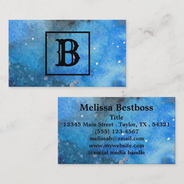 Abstrakt Modern Art Monogram Blue Black Visitenkarte (Vorne/Hinten)