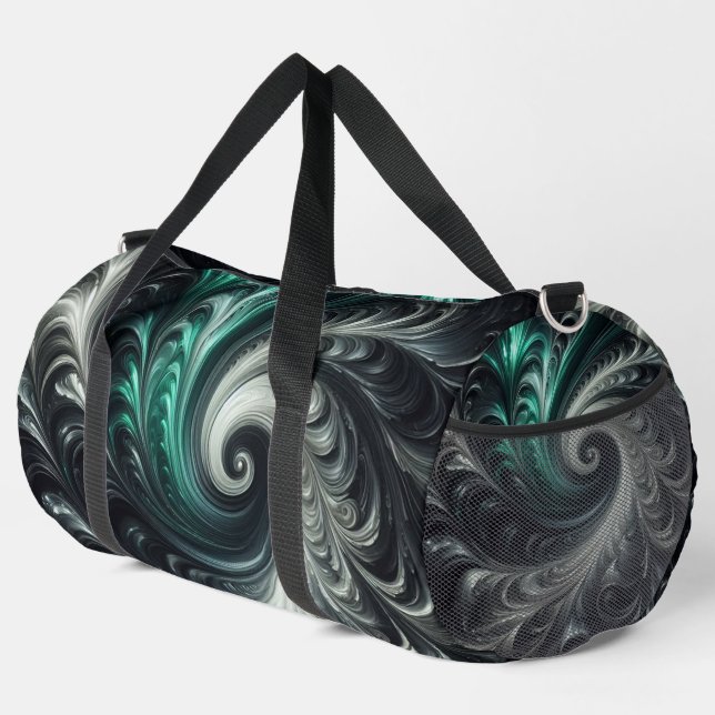 Abstrakt-modern, grün, silber und schwarz schwirbe duffle bag (Rechte Ecke)
