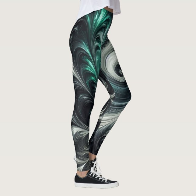 Abstrakt-modern, grün, silber und schwarz schwirbe leggings (Rechts)