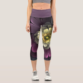 Abstrakt Modern Purpur Khaki Gray Fraktal Blume Capri Leggings