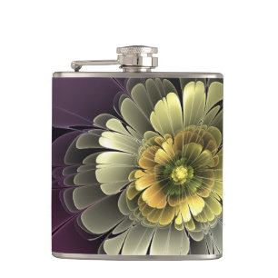 Abstrakt Modern Purpur Khaki Gray Fraktal Blume Flachmann