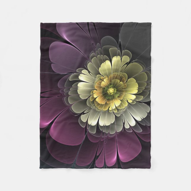 Abstrakt Modern Purpur Khaki Gray Fraktal Blume Fleecedecke (Vorderseite)