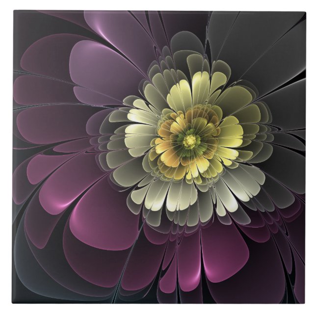 Abstrakt Modern Purpur Khaki Gray Fraktal Blume Fliese (Vorderseite)