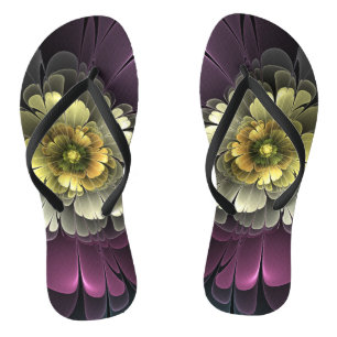 Abstrakt Modern Purpur Khaki Gray Fraktal Blume Flip Flops