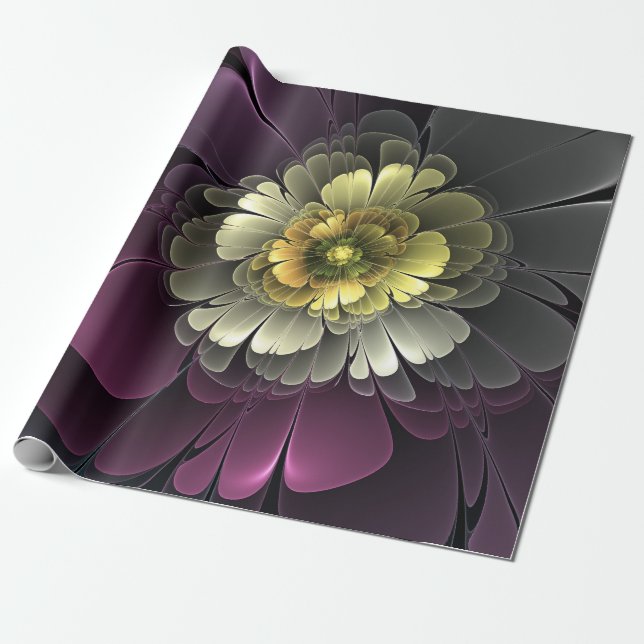Abstrakt Modern Purpur Khaki Gray Fraktal Blume Geschenkpapier (Ungerollt)