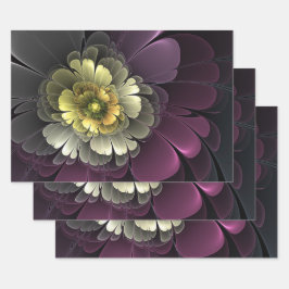 Abstrakt Modern Purpur Khaki Gray Fraktal Blume Geschenkpapier Set
