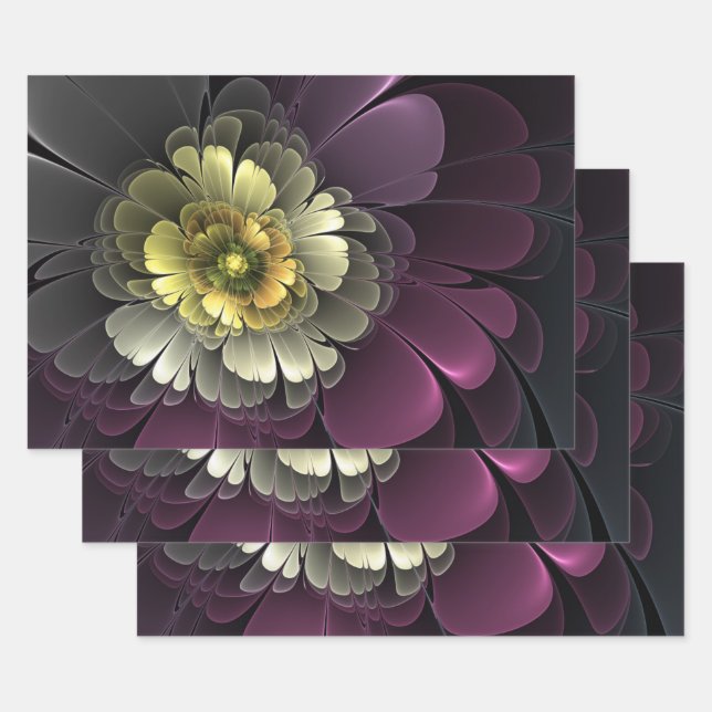 Abstrakt Modern Purpur Khaki Gray Fraktal Blume Geschenkpapier Set (Set)