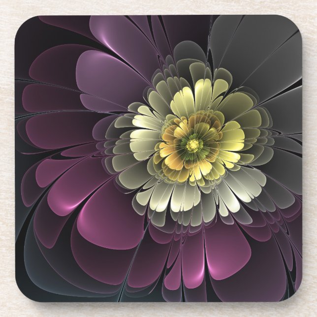 Abstrakt Modern Purpur Khaki Gray Fraktal Blume Getränkeuntersetzer (Vorderseite)